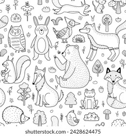 Cute forest animals black and white seamless pattern. Woodland characters outline background for kids. Fox, bear, wolf, rabbit and others. Vector illustration