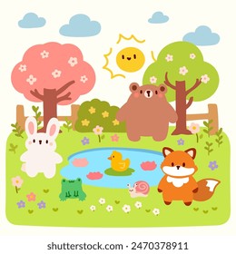 Cute Forest Animals by a Pond in a Springtime Garden. Cartoon Illustration.