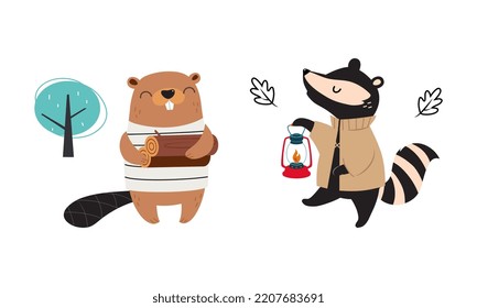 Cute Forest Animals Camping On Nature Set. Beaver And Racoon Hiking In Forest Cartoon Vector Illustration