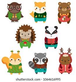 Cute forest animals. Cartoon kawaii wildlife animals set. Owl, fox, squirrel, raccoon and other. Vector illustration