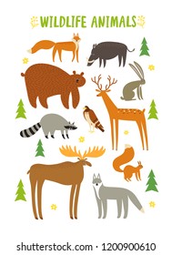 Cute forest animals cartoon set. Animals illustration for your design.