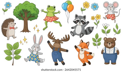 Cute Forest Animals Cartoon Set Charming Woodland Creatures and Plants Decorative Illustration