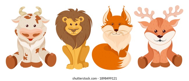 Cute forest animals in cartoon style isolated on white background. Wild animals such as bull, lion, fox and deer. Vector illustration