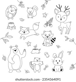 Cute forest animals in cartoon style. The nature of the forest. Bear, fox, squirrel, hedgehog, hare, raccoon. Vector black and white illustration