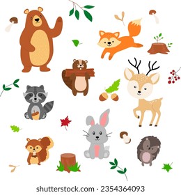 Animales del bosque de colores al estilo de las caricaturas. Bosque natural. 
Oso, zorro, ardilla, erizo, liebre, mapache. Ilustración del vector
