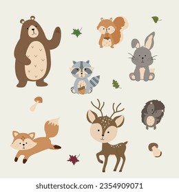 Cute forest animals in cartoon style. Nature forest. 
Bear, fox, squirrel, hedgehog, hare, raccoon. Vector illustration
