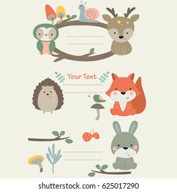 Cute forest animals in cartoon style. Place for putting a text.