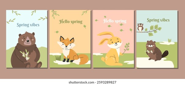 Cute forest animals celebrating spring vibes in charming nature scenes. Hello Spring greeting cards design.