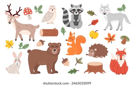 Cute forest animals character set in cartoon flat style. Autumn season elements. Kids design for print, poster, stickers, nursery.