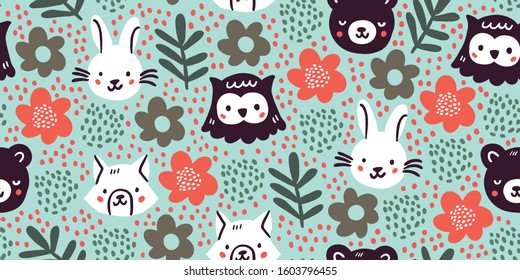 Cute forest animals characters green seamless pattern with flowers in minimalistic hand drawn style. Wood animals - owl, rabbit, bear, fox. Kids animals seamless pattern