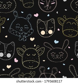 cute forest animals for children room and toys, contour, vector seamless pattern on a black background with hearts