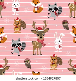 Cute forest animals in Christmas holidays seamless pattern.  Wildlife cartoon character vector set. Deer, raccoon, rabbit, owl, fox and squirrel in winter costume.