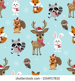 Cute forest animals in Christmas holidays seamless pattern.  Wildlife cartoon character vector set. Deer, raccoon, rabbit, owl, fox and squirrel in winter costume.