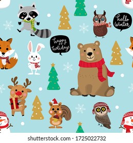 Cute Forest Animals In Christmas Holidays Background. Wildlife Cartoon Character Vector. Snowman, Deer, Bear, Owl, Raccoon, Fox, Rabbit And Squirrel In Winter Costume Seamless Pattern.