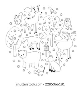 Forma de círculo de los animales de los bosques para el libro de coloreado. personajes de woodland. Impresión blanca y negra con ardilla, búho, zorro, oso, conejo, ciervo, alce, ardilla, pájaro. EPS de ilustración de vector