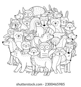 Cute forest animals circle shape coloring page. Woodland characters mandala for coloring book. Vector illustration svg