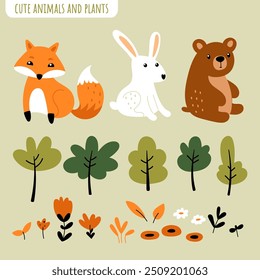 Cute forest animals collection. Clipart set in cartoon style for kids. Fox, rabbit, bear and forest plants in vector.