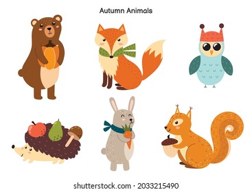 Cute forest animals collection. Fall woodland characters for kids design. Bear, fox, owl, hedgehog, rabbit and squirrel. Vector illustration