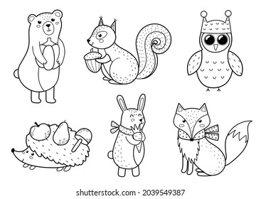 Cute Forest Animals Collection. Fall Woodland Black And White Characters For Kids Design. Bear, Fox, Owl, Hedgehog, Rabbit And Squirrel. Vector Illustration