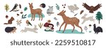 	
Cute forest animals collection. Owl, deer, hare, hedgehog, birds, squirrel, woodpecker, chipmunk, black grouse. Hand drawn vector illustration set woodland animals, trees, mushrooms isolated