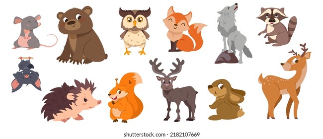 Kutschenholzsammlung. Wilder Bär, lustiges Eichhörnchen, lächelnder Fuchs und Eule, Igel, Hirsch. Artenvielfalt. Set von Holzfiguren für Kinder Bücher Cartoon Vektorgrafik.