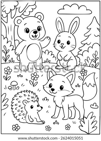 Cute forest animals coloring page with bear, rabbit, fox, and hedgehog in nature scene for kids.