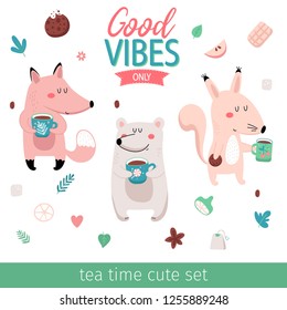 Cute forest animals with cups of tea clipart with sweets and other elements isolated on white background. Set of illustration for children in vector.