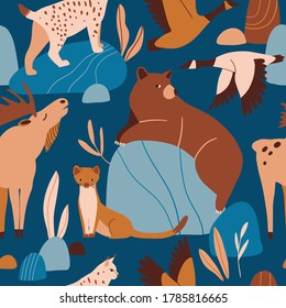 Cute forest animals dark seamless pattern. Funny bear, lynx, moose, marten, birds. Hand drawn cartoon characters and plants. Woodland texture for kids. Flat nature illustration. Wildlife vector