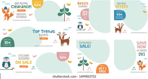 Cute forest animals design set for kids/babies fashion sale promotion on social media, website and flyers. Flat graphic design template. Web template. Web banners. Flyer design. 