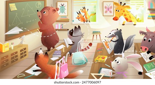 Cute forest animals in an elementary school classroom: bear, bunny, fox, squirrel, giraffe, wolf, hare. Animal students study and read books at geometry lesson. Vector cartoon illustration for kids.