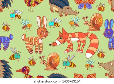 Cute forest animals. Elements of wild animals. Fox, hare, hedgehog, fly, bee, bumblebee and mosquito. Isolated cartoon Vector seamless illustration.