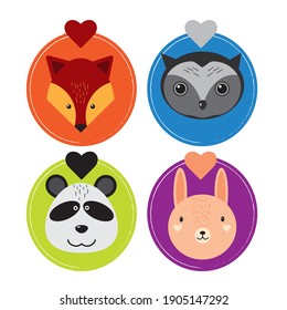 cute forest animals in flat style. Set of hand drawn vector illustrations. Fox, owl, panda, hare. Сhildish design of stickers, labels, greeting cards, flyers,banner