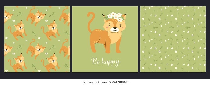 Cute forest animals and floral patterns for children's design and decoration.