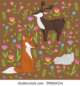 cute forest animals and flowers, floral design elements vector