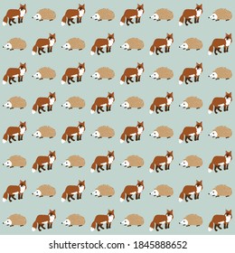 Cute forest animals, Fox and Igel pattern. On a light blue background.