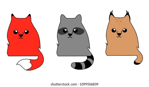 Cute forest animals: a fox, raccoon, and bobcat. Cartoon characters, logo, icons.
