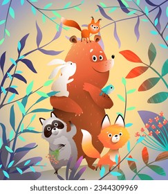 Cute forest animals friends, fox bear bunny and squirrel, characters for children in forest. Kids animals framed with nature leaves and branches, hand drawn vector greeting card in watercolor style.