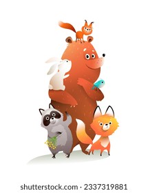 Cute forest animals friends together, children illustration. Bear, bunny squirrel and raccoon happy woodland animals for party, celebration or zoo. Hand drawn vector in watercolor style for kids.