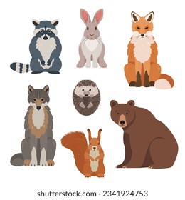 Cute Forest animals front view. Wild woodland mammal animal collection. Nature Vector icons illustration isolated on white background.