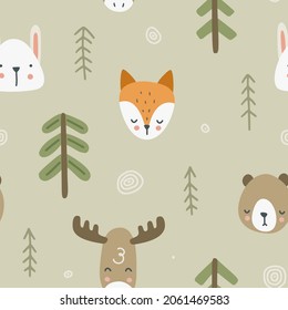 Cute forest animals head doodle pattern. Seamless texture for textile, fabric, apparel, wrapping, paper, stationery, nursery.