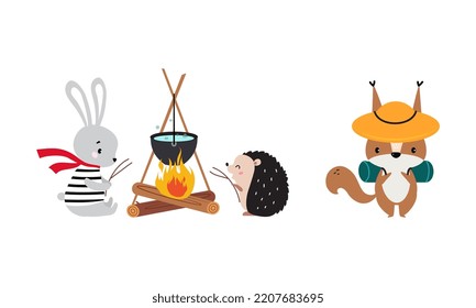 Cute forest animals hiking and camping on nature set. Lovely bunny and hedgehog sitting near campfire, squirrel walking with backpack cartoon vector illustration