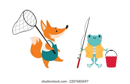 Cute forest animals hiking and camping on nature set. Fox cub walking with butterfly catching net and frog with fishing rod cartoon vector illustration