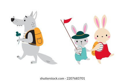 Cute Forest Animals Hiking And Camping On Nature Set. Wolf And Couple Of Bunnies Walking With Backpacks Cartoon Vector Illustration