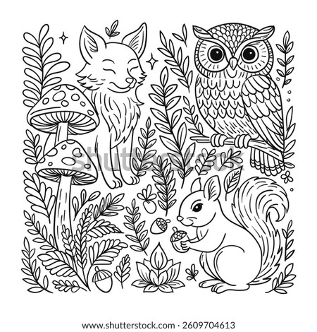 Cute forest animals including a fox, owl, and squirrel with mushrooms, acorns, and leafy plants. Ideal for kids’ coloring pages, woodland art, storybooks, or wildlife-themed illustrations.