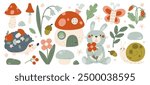 Cute forest animals and insects characters with flowers bloom, trees leaves, berries, mushrooms natural set. Woodland inhabitant and environment design elements, flora and fauna vector illustration