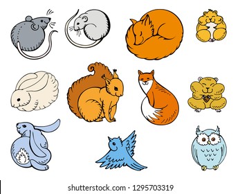 Cute forest animals. Mouse, Hare, fox, bird, owl, squirrel, hamster. Colorfull and flat stock illustration. Hand drawn vector.