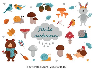 Cute forest animals, mushrooms, birds, leaves, acorns, cloud and berries. Cartoon funny bear, rabbit, hedgehog and snails. Autumn vector set. Fall season kids collection. Fly agaric, chanterelle