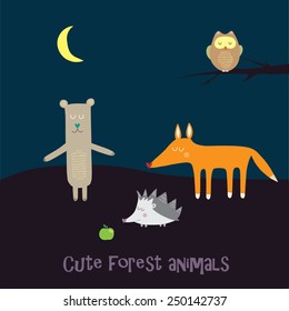 Cute forest animals at night forest