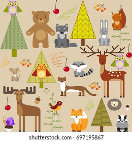 cute forest animals on light background