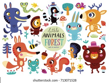 Cute forest animals on a white background. Childish vector illustration of rabbit, fox, deer, wolf, bear, bird, owl, squirrel, snake, hare, hedgehog, frog, helix and racoon.